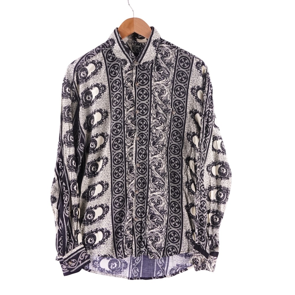 Vintage Maxini Mens Size Medium Black White 70s Disco Baroque Print Rayon Shirt